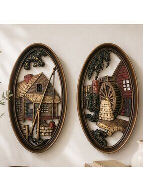 Burwood Oval Wall Plaques Set of 2 Rustic Cabin Watermill 3D Cutout Art Decor
